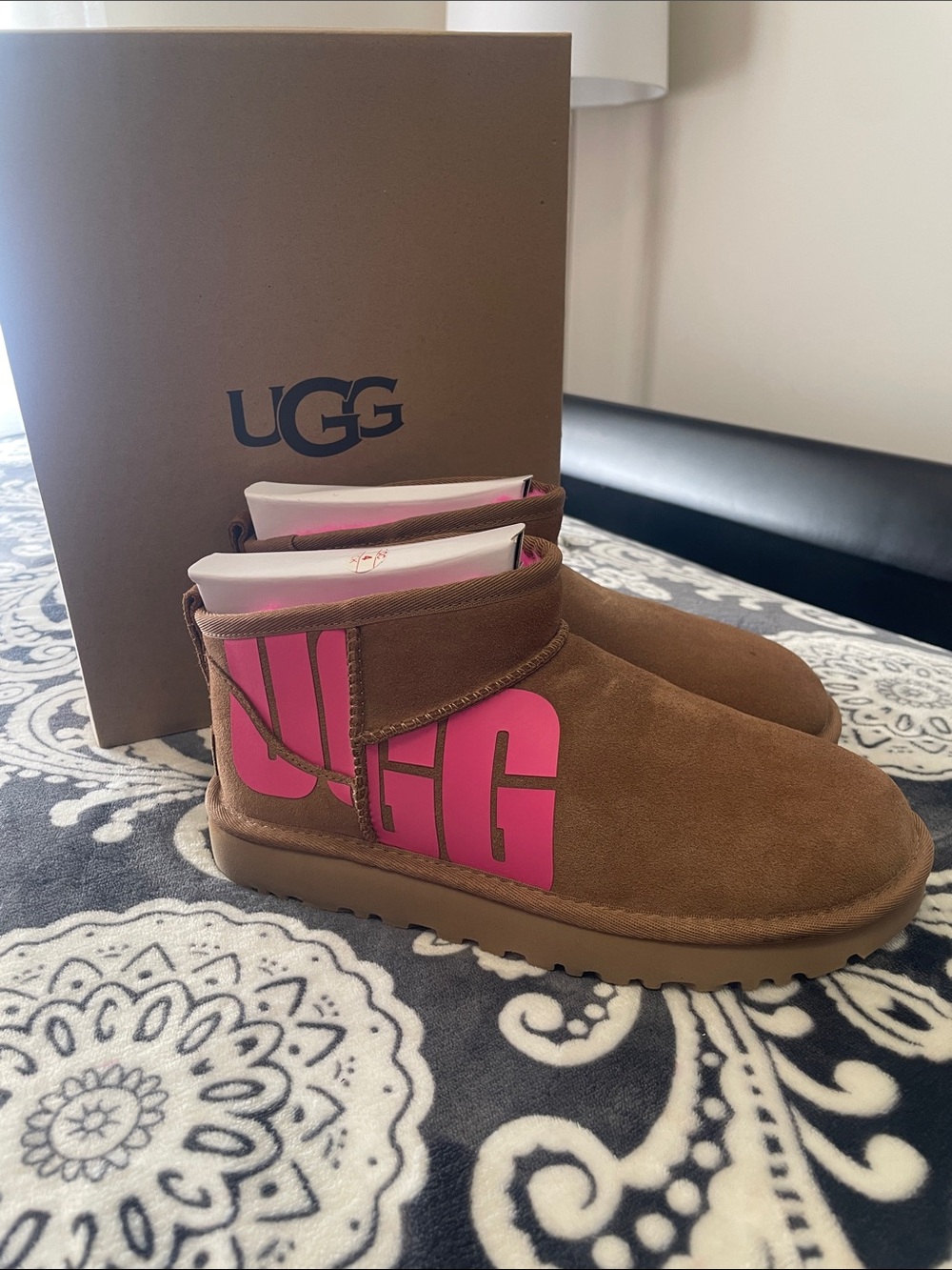 UGG Chestnut Mini Boot with Pink Logo